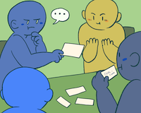 4 blorbos sit around a table pondering various business cards.