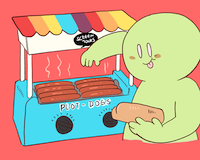A character is at a hot dog roller that says \\\'Plot dogs\\\' getting ready to grab a hot dog and stick it in a bun.