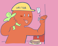 A giant man with a construction cap that says "writer" holds a green small person in one hand, and a nail that is labeled "plot" in the other, preparing to hammer the nail with the small person.